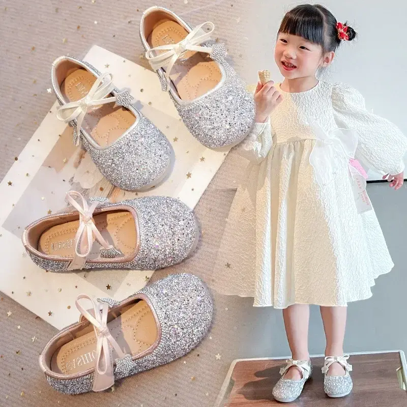 Girls Princess Shoes Round Toes Sweet Bows 2025 New Kids Dance Shoes Shiny Sequins Children Flats Pu Non-slip Performance Shoes