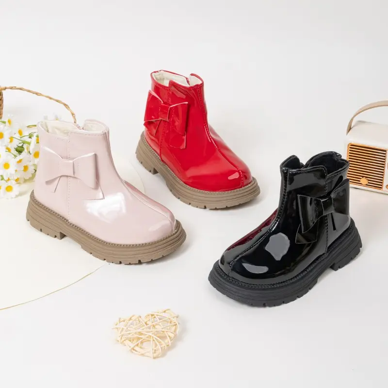 Children's Ankle Boots Winter New Girls Fashion Platform Boots Glossy PU Warm Kids Causal Cotton Boots Sweet Bowknot Versatile