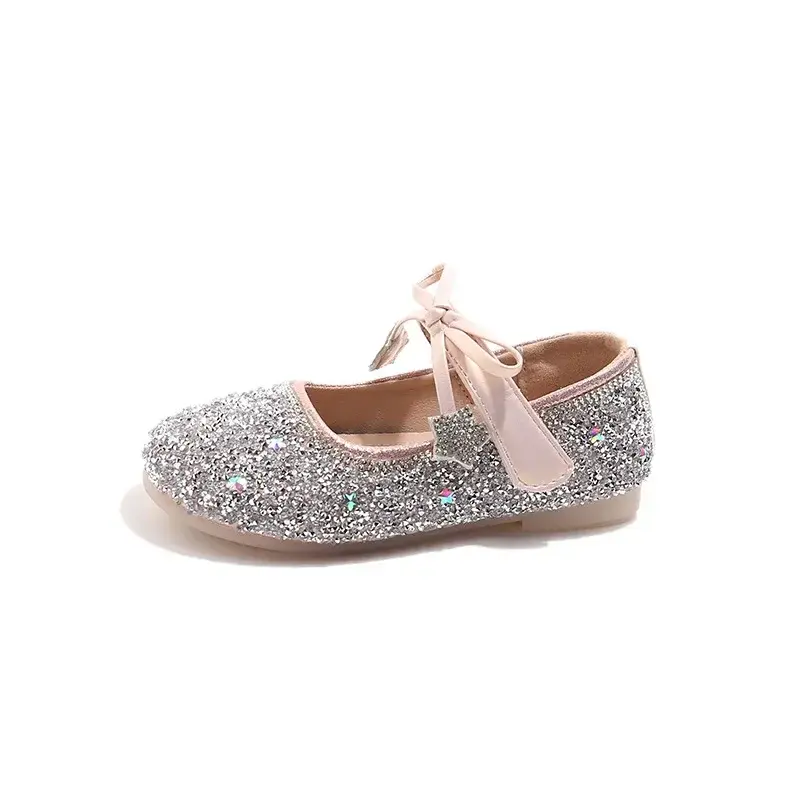 Girls Princess Shoes Round Toes Sweet Bows 2025 New Kids Dance Shoes Shiny Sequins Children Flats Pu Non-slip Performance Shoes