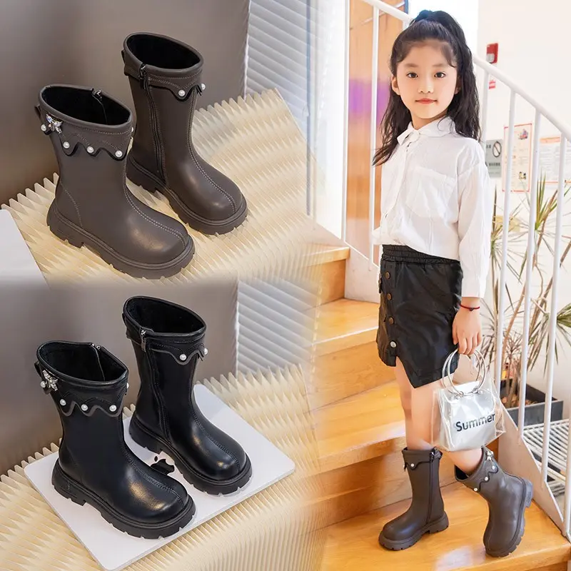 Children Fashion Boots with Butterfly-knot Girls High Boots PU Back Zipper Elegant Kids Thick Warm Plush Fur Princess Boots 2024