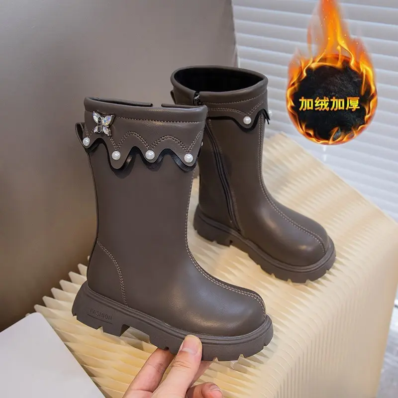 Children Fashion Boots with Butterfly-knot Girls High Boots PU Back Zipper Elegant Kids Thick Warm Plush Fur Princess Boots 2024