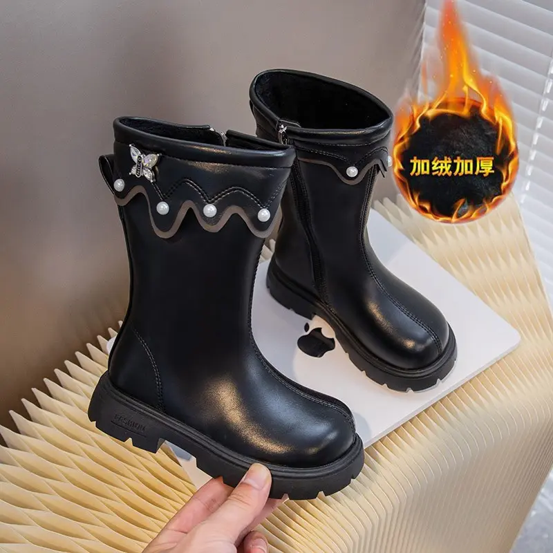 Children Fashion Boots with Butterfly-knot Girls High Boots PU Back Zipper Elegant Kids Thick Warm Plush Fur Princess Boots 2024