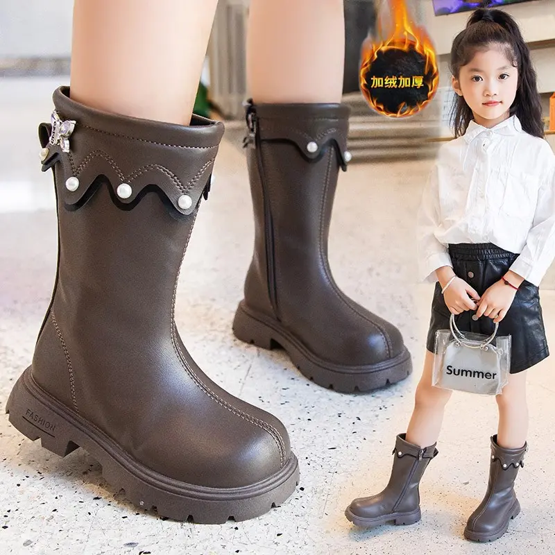 Children Fashion Boots with Butterfly-knot Girls High Boots PU Back Zipper Elegant Kids Thick Warm Plush Fur Princess Boots 2024