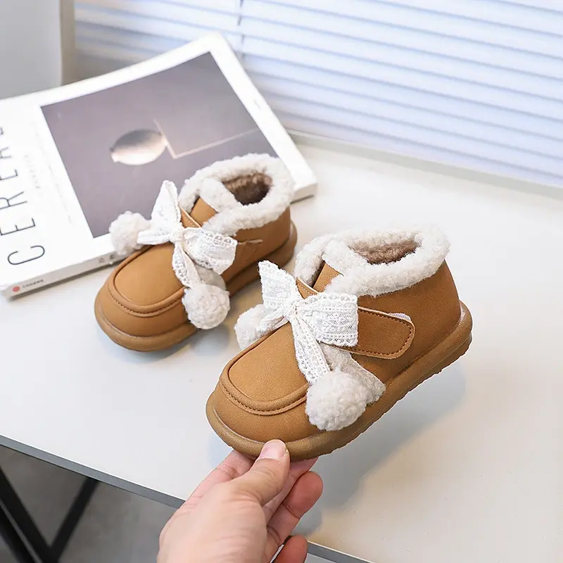 Lolita Style Girl Winter Boots Sweet Hairball Bowknot Princess Fashion Kid's Boot Chic Versatile Warm Children's Short Snow Boot