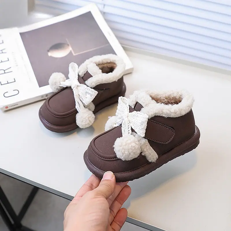 Lolita Style Girl Winter Boots Sweet Hairball Bowknot Princess Fashion Kid's Boot Chic Versatile Warm Children's Short Snow Boot