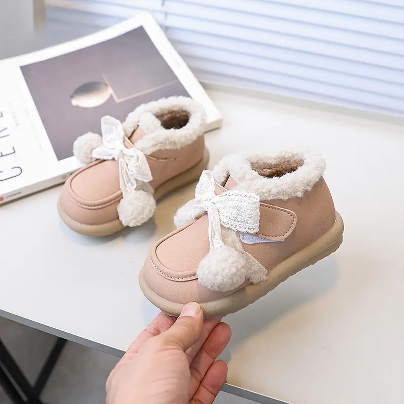 Lolita Style Girl Winter Boots Sweet Hairball Bowknot Princess Fashion Kid's Boot Chic Versatile Warm Children's Short Snow Boot