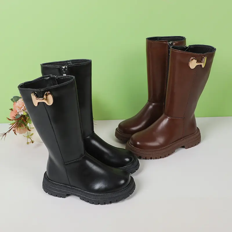 Girls Long Boots Black Fashion Kids Leather High Boots 2024 Autumn Winter Fashion Warm Fur Children Motorcycle Boots Classic