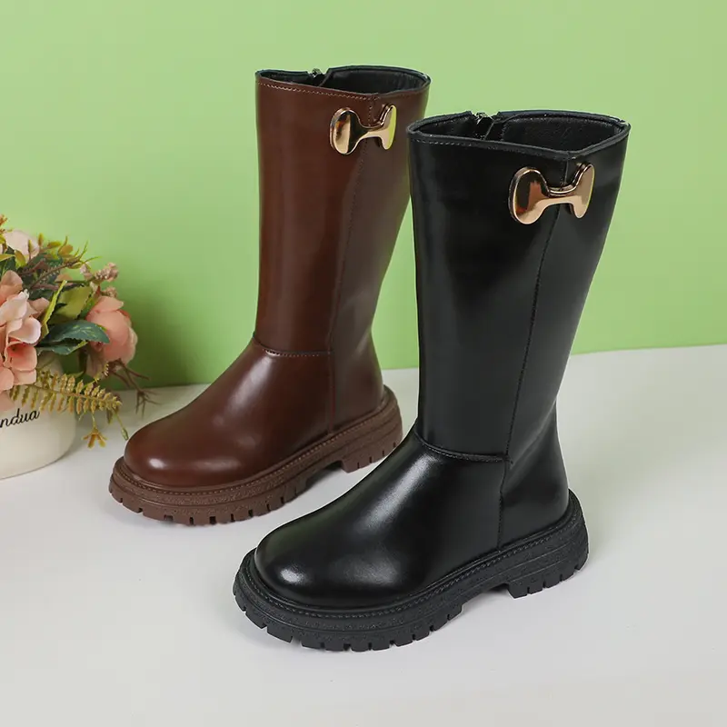Girls Long Boots Black Fashion Kids Leather High Boots 2024 Autumn Winter Fashion Warm Fur Children Motorcycle Boots Classic