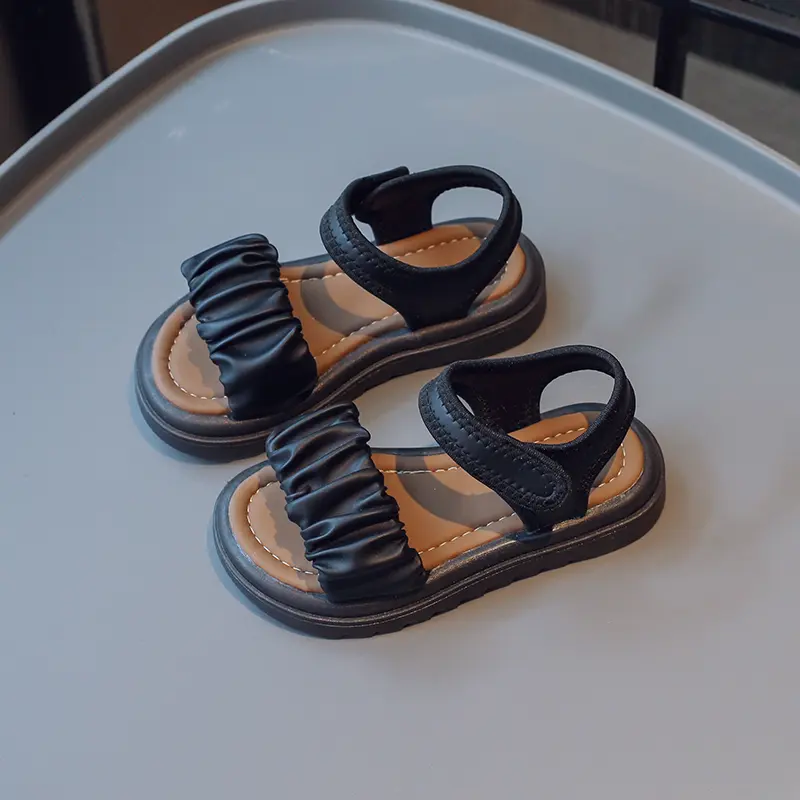 Girls Pleated Sandals Kids Summer Beach Shoes Solid Color Soft Open-toe Britain Style Children Casual Leather Sandals 2024 New