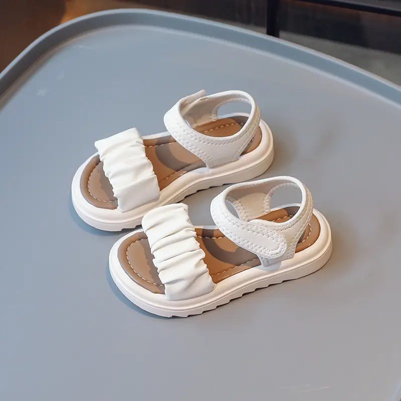 Girls Pleated Sandals Kids Summer Beach Shoes Solid Color Soft Open-toe Britain Style Children Casual Leather Sandals 2024 New
