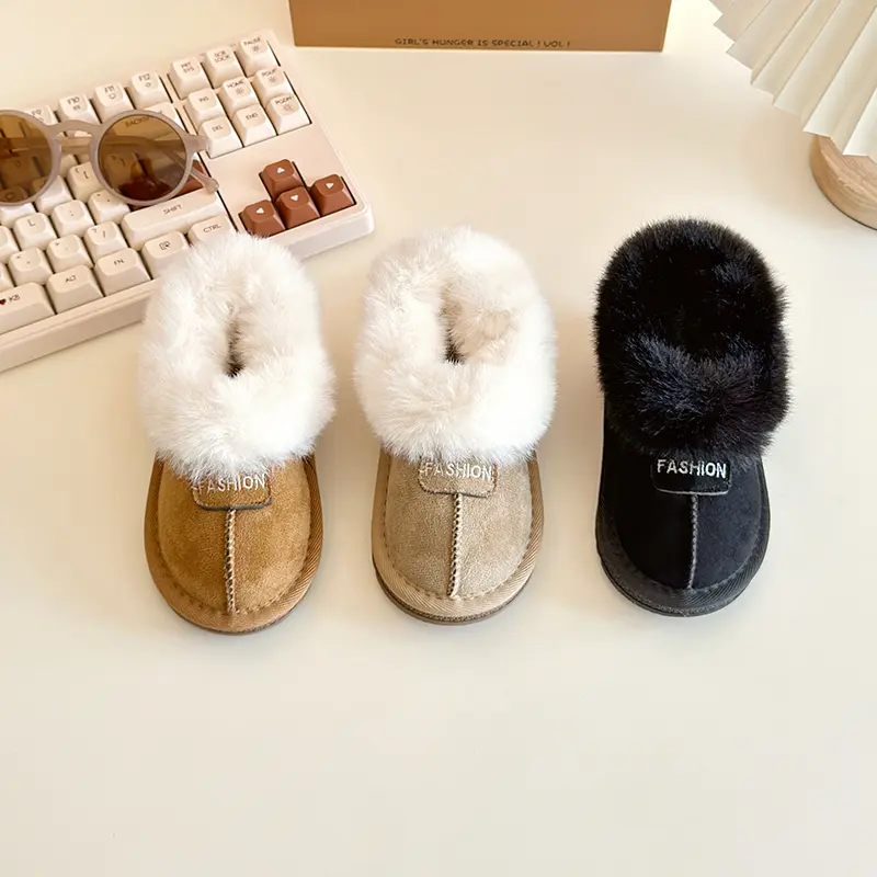 Fluffy Girl Snow Boots Soft Bottom Kids Winter Boots Causal Versatile Outdoor Warm Children's Fashion Cotton Shoes Solid Color