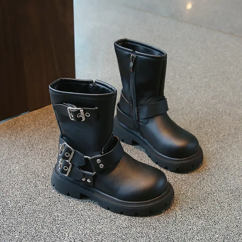2024 New Children Platform Boots Classic Metal Versatile Girls Causal Boots Fashion British Style Matte PU Kids Mid-calf Boots