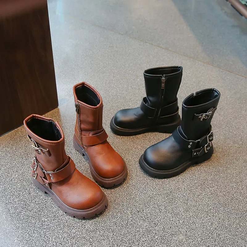 2024 New Children Platform Boots Classic Metal Versatile Girls Causal Boots Fashion British Style Matte PU Kids Mid-calf Boots