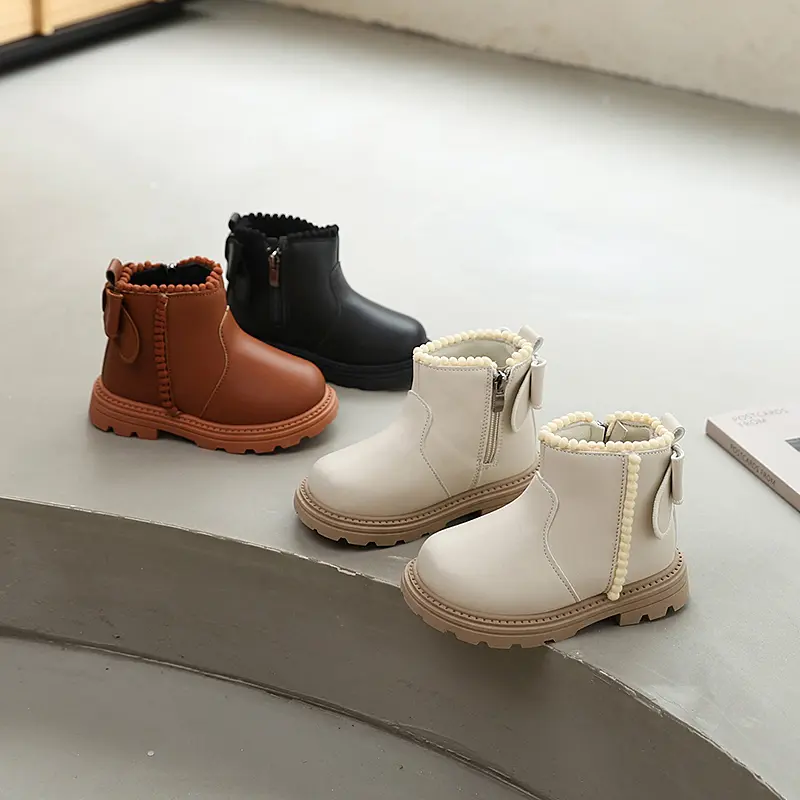 Girls Short Boots Sweet Bowknot Children Fashion Princess Ankle Boots Elegant Trend Kids Causal Platform Leather Boots Side Zip
