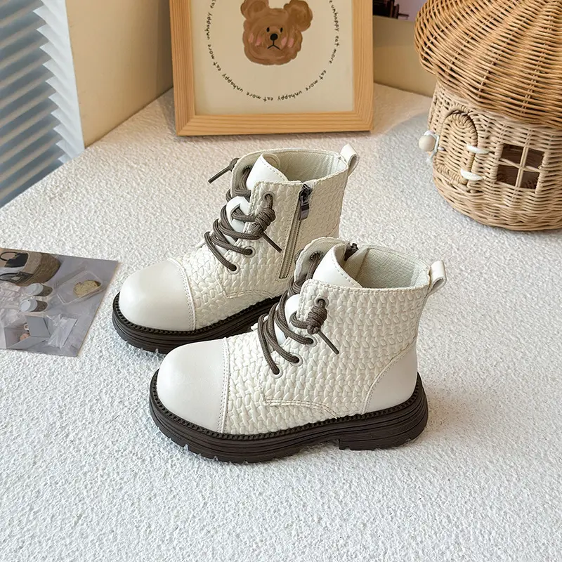 Children Short Boots Weave Princess Style Girls Leather Boots Soft Bottom 2025 Autumn Winter Fashion Kids Ankle Boots Non-slip