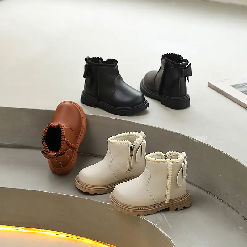 Girls Short Boots Sweet Bowknot Children Fashion Princess Ankle Boots Elegant Trend Kids Causal Platform Leather Boots Side Zip
