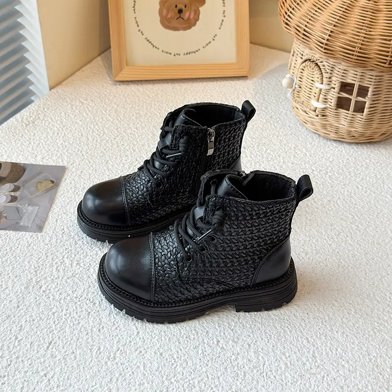 Children Short Boots Weave Princess Style Girls Leather Boots Soft Bottom 2025 Autumn Winter Fashion Kids Ankle Boots Non-slip