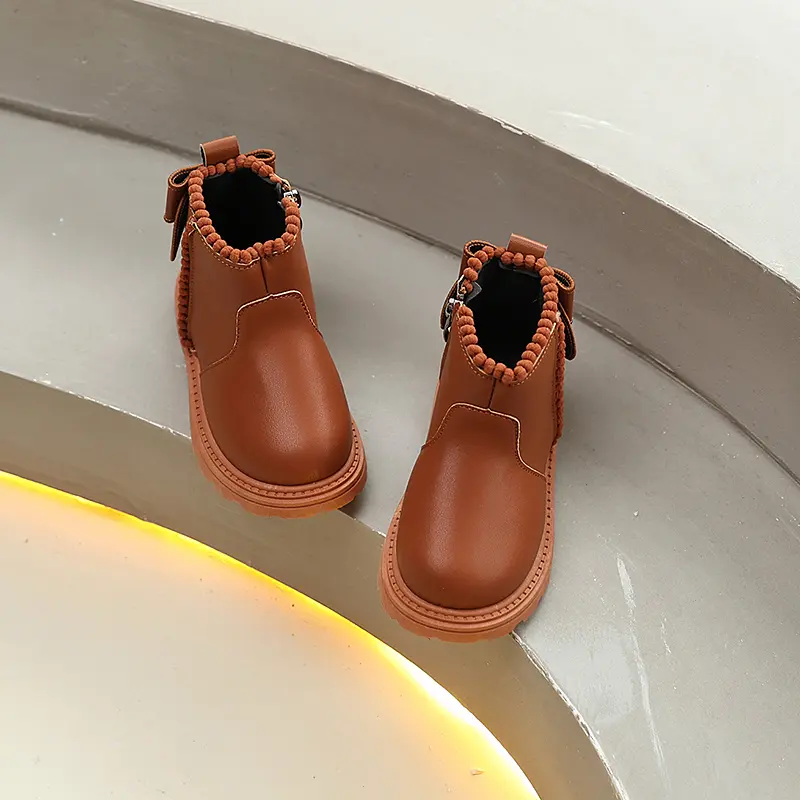 Girls Short Boots Sweet Bowknot Children Fashion Princess Ankle Boots Elegant Trend Kids Causal Platform Leather Boots Side Zip