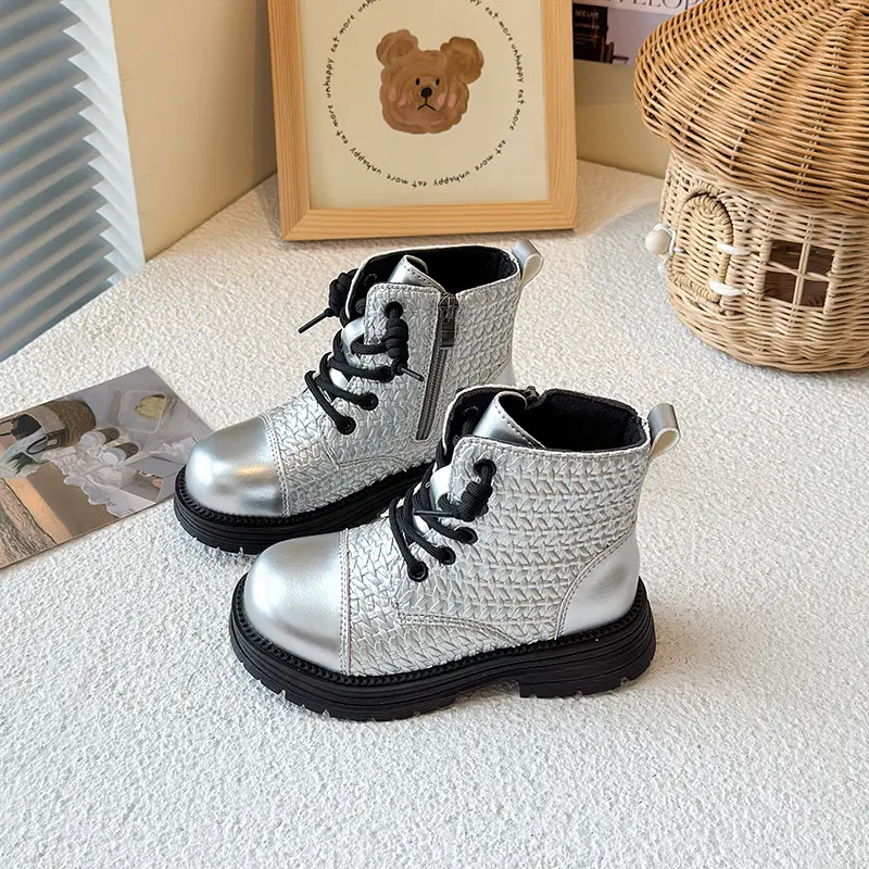 Children Short Boots Weave Princess Style Girls Leather Boots Soft Bottom 2025 Autumn Winter Fashion Kids Ankle Boots Non-slip