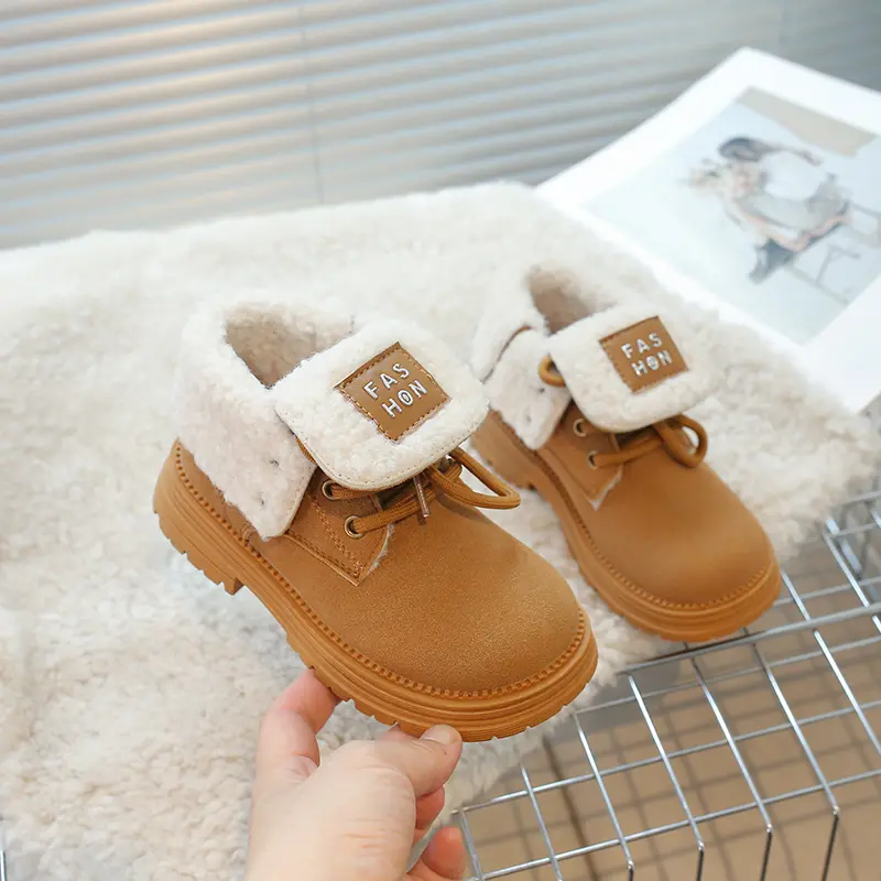 Simple Winter Children's Boots Thick Bottom Girls Thermal Boots Fashion Causal Kids Fur Cotton Boots Round-toe Non-slip Zipper