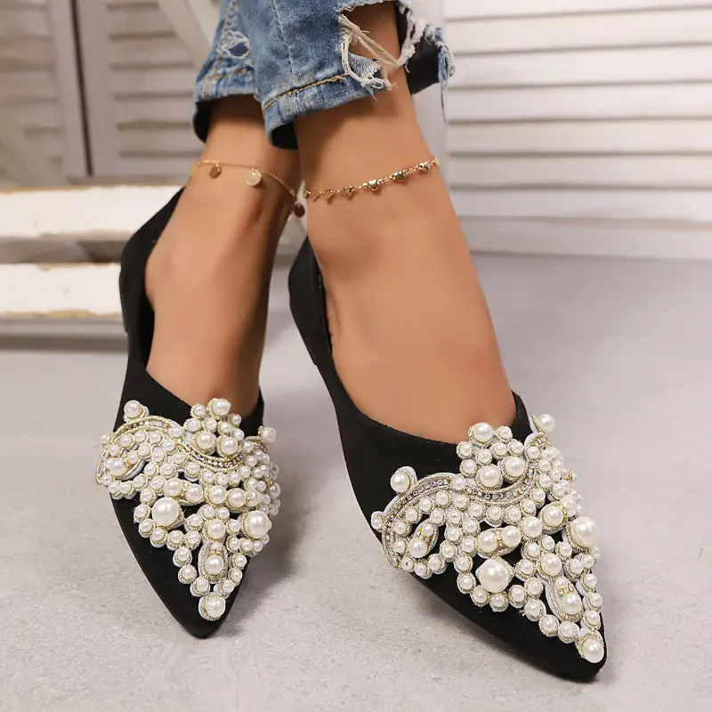 Luxury Women Ballet Flats Rhinestone Elegant Black Shoes for Women Fashion Shallow Ladies Causal Performance Loafers Pointed-toe