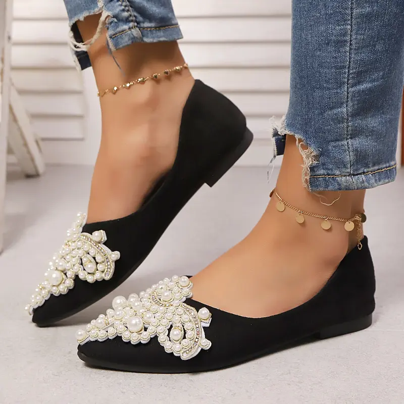Luxury Women Ballet Flats Rhinestone Elegant Black Shoes for Women Fashion Shallow Ladies Causal Performance Loafers Pointed-toe