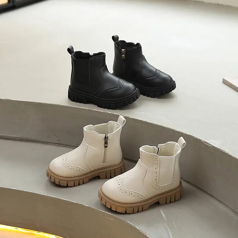 2025 Classic Children Fashion Boots Solid Color Girls Causal Ankle Boots Round-toe Simple Kids School Short Leather Boots Zipper