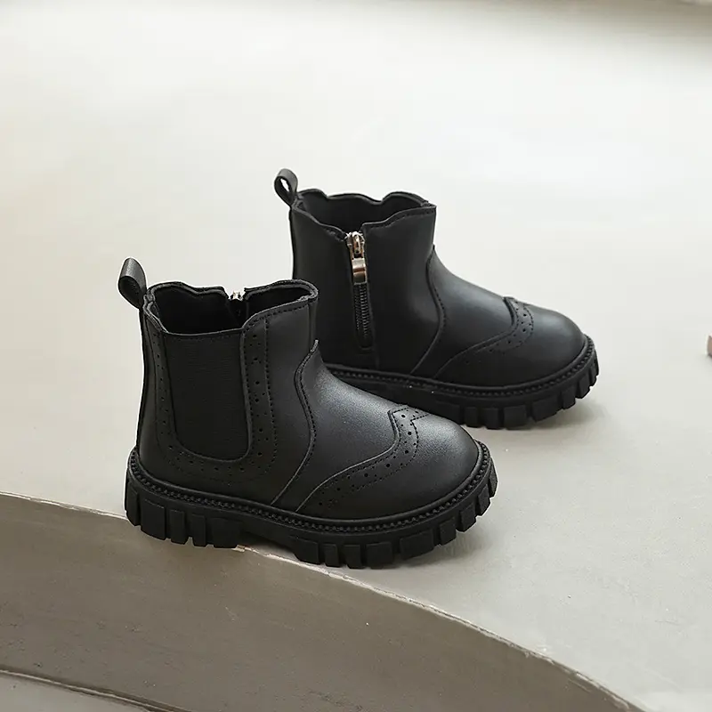 2025 Classic Children Fashion Boots Solid Color Girls Causal Ankle Boots Round-toe Simple Kids School Short Leather Boots Zipper