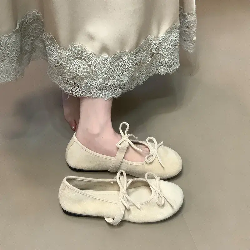 2025 Women Flat Ballet Shoes Spring New Fashion French Style Soft Bottom Elegant Bowtie Princess Mary Jane Dress Single Shoes