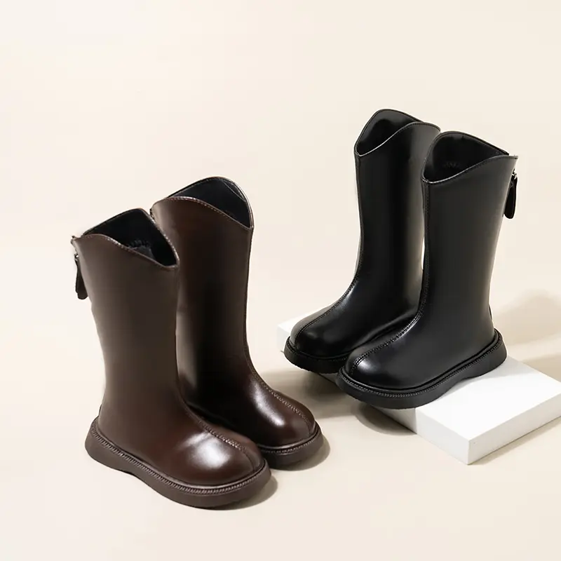 Girls High Boots Waterproof Non-slip Fashion Kids Elegant Princess Boots Simple Kids Leather Boots 2025 Spring Autumn New