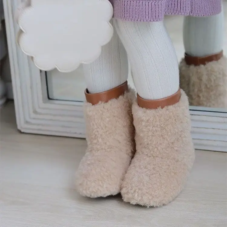 Kids Plush Shoes Warm Soft Sole Girls Princess Boots Korean Style 2025 Winter New Children Short Boots with Warm Fur Versatile