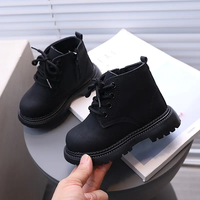 Kids Short Boots British Style Soild Color Children Ankle Boots Side Zipper 2025 Autumn New Boys Girls Leather Boots Round Toes