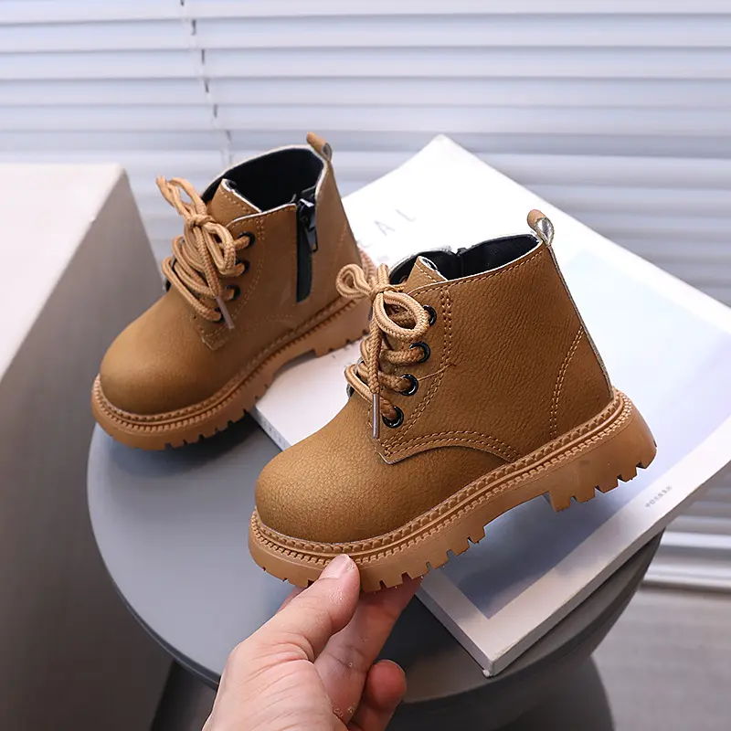 Kids Short Boots British Style Soild Color Children Ankle Boots Side Zipper 2025 Autumn New Boys Girls Leather Boots Round Toes