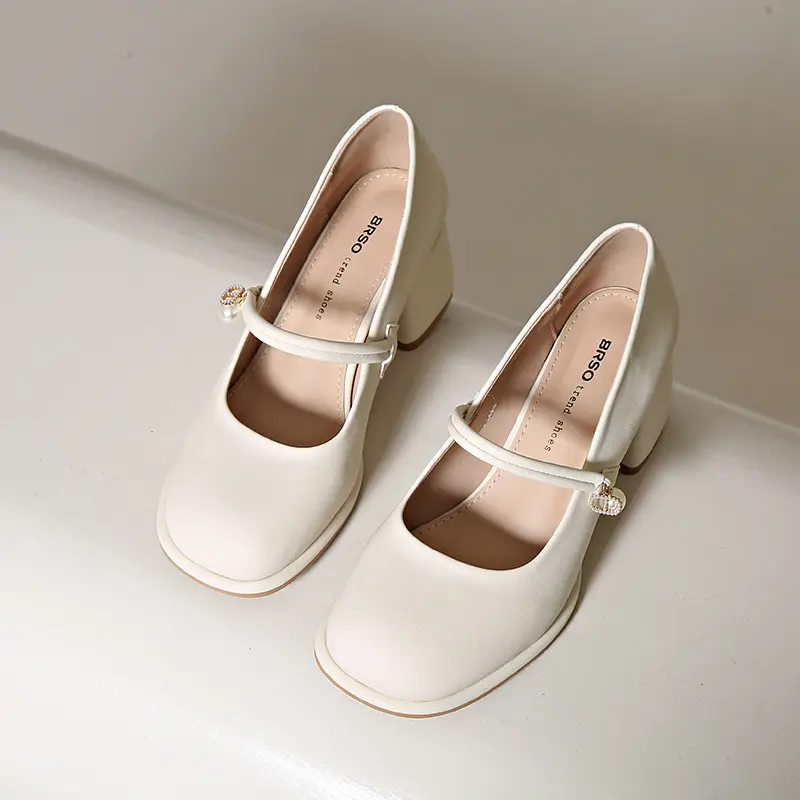 2025 Spring New Women Leather High-heels Shoes Fashion Korean Style Soft Bottom Anti-slippery Versatile Chic Mary Jane Lady Shoe