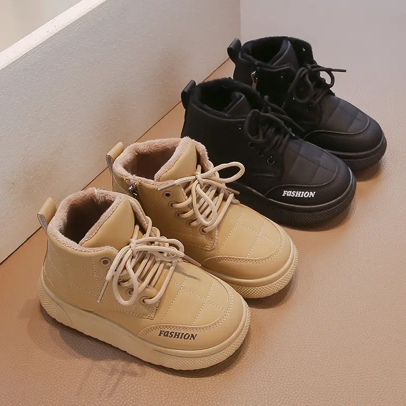 Children Snow Boots Lace Up Side Zipper Girls Warm Cotton Shoes Non-slip Kids Short Leather Boots Autumn Winter 2025 New