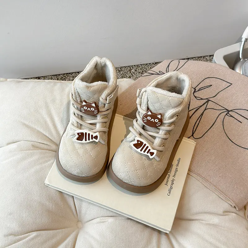 Cute Girl Winter Boots Thick Bottom Cartoon Cat Children Fashion Ankle Boots Causal Warm Versatile Kids Cotton Boots Round-toe