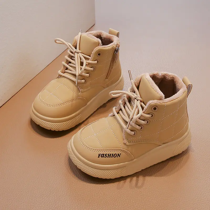 Children Snow Boots Lace Up Side Zipper Girls Warm Cotton Shoes Non-slip Kids Short Leather Boots Autumn Winter 2025 New