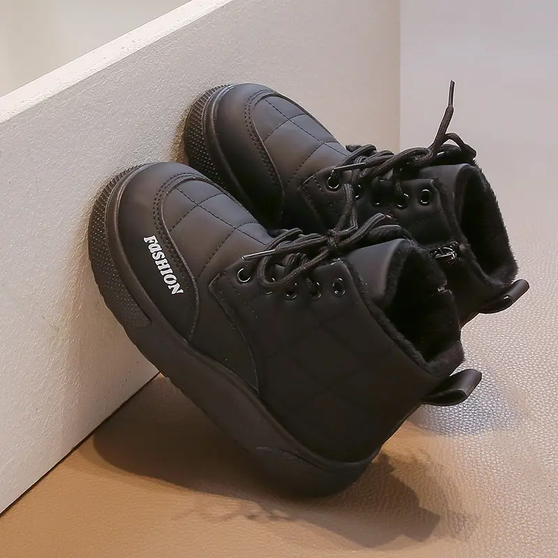 Children Snow Boots Lace Up Side Zipper Girls Warm Cotton Shoes Non-slip Kids Short Leather Boots Autumn Winter 2025 New