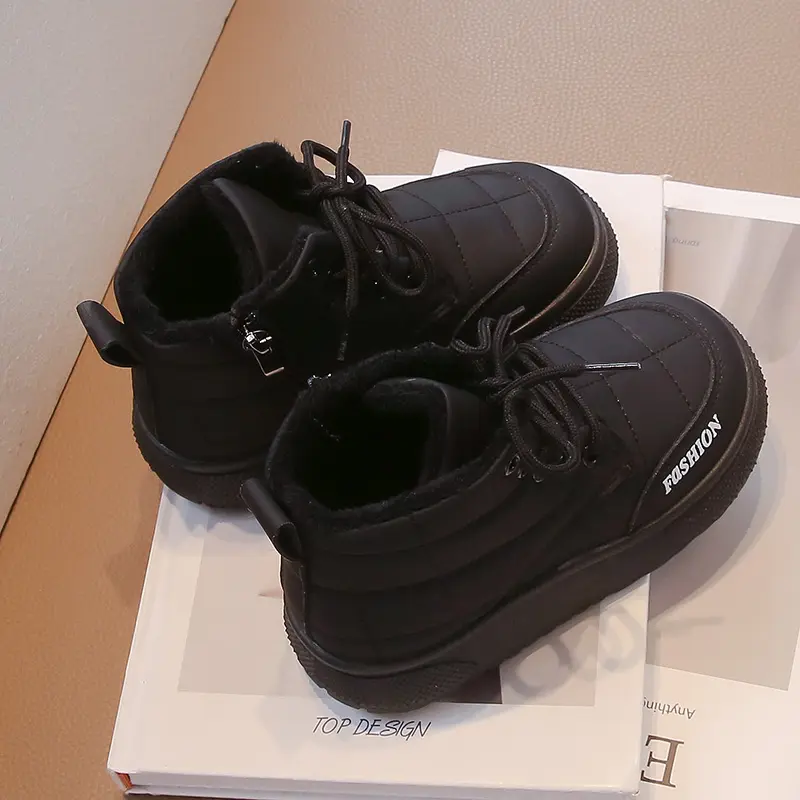 Children Snow Boots Lace Up Side Zipper Girls Warm Cotton Shoes Non-slip Kids Short Leather Boots Autumn Winter 2025 New