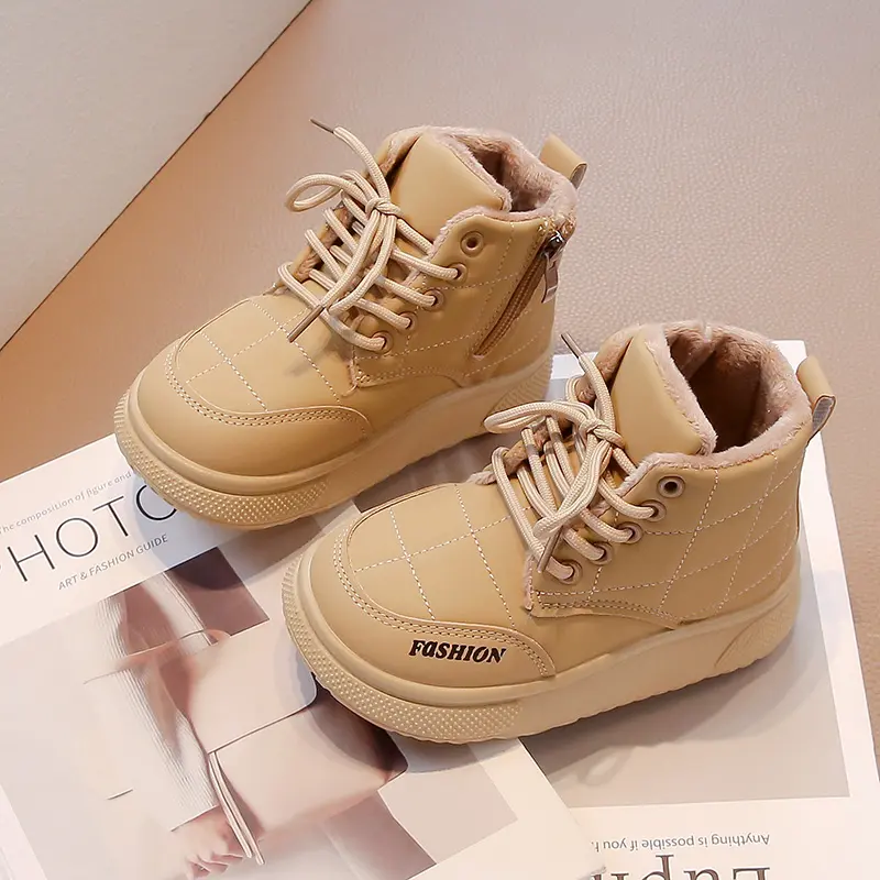 Children Snow Boots Lace Up Side Zipper Girls Warm Cotton Shoes Non-slip Kids Short Leather Boots Autumn Winter 2025 New
