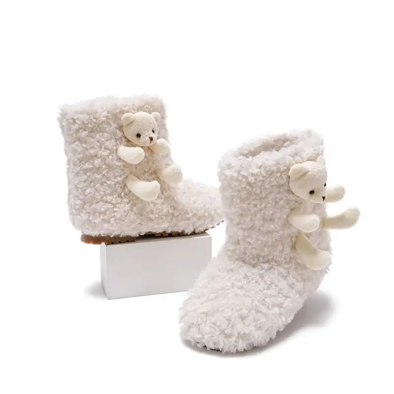 Cute Bear Girls Boots for Kids Winter Warm Fluffy Children Ankle Cotton Boots New Sweet Furry Hairy Toddlers Fashion Snow Boots