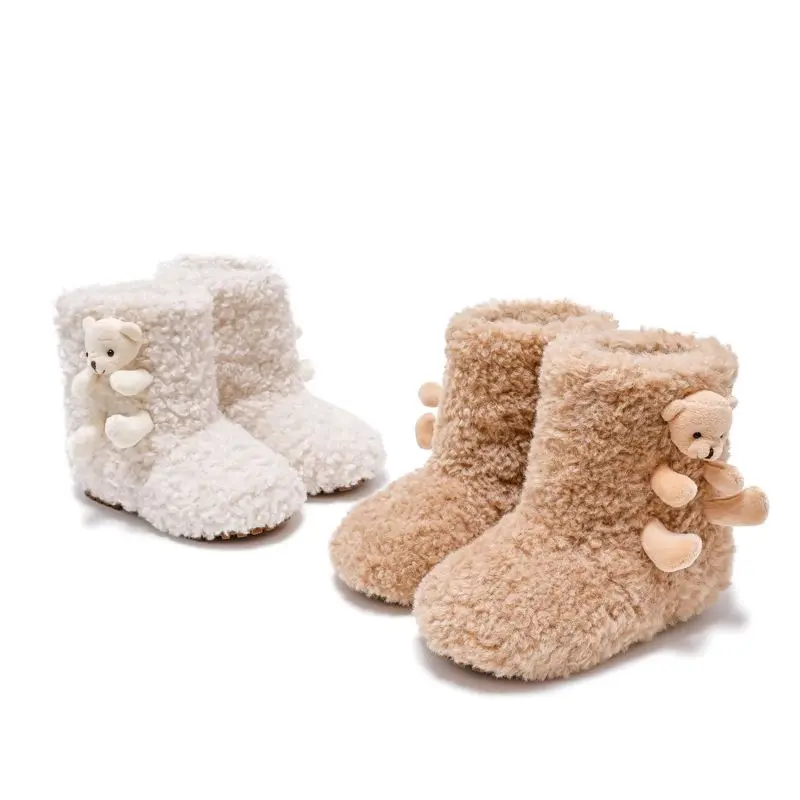 Cute Bear Girls Boots for Kids Winter Warm Fluffy Children Ankle Cotton Boots New Sweet Furry Hairy Toddlers Fashion Snow Boots