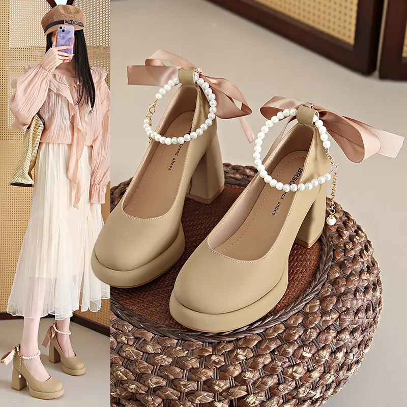2025 Spring New Women High-heels Princess French Style  Fashion Comfortable Soft Sweet Bowtie Anti-slippery Dress Leather Shoes