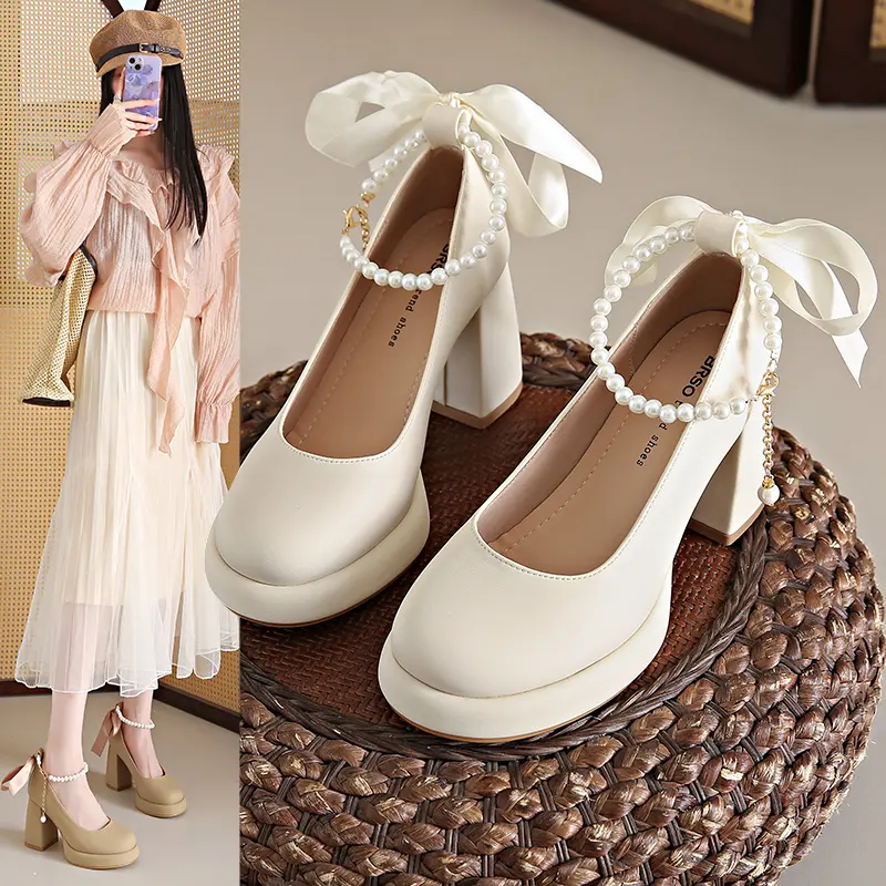 2025 Spring New Women High-heels Princess French Style  Fashion Comfortable Soft Sweet Bowtie Anti-slippery Dress Leather Shoes