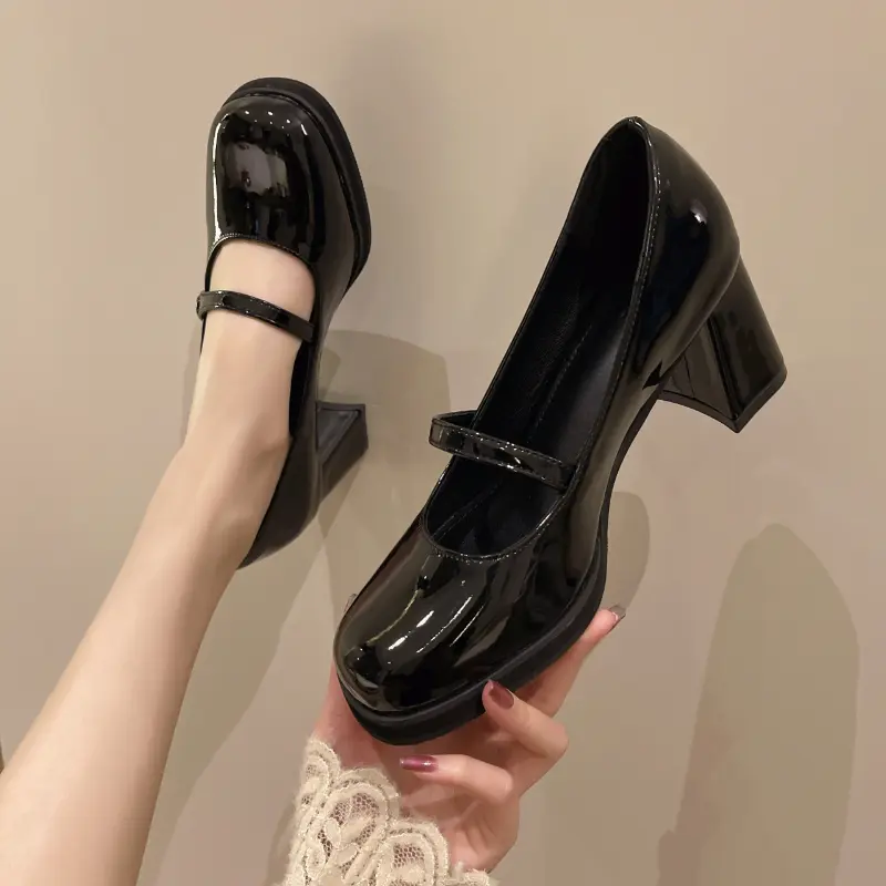 2025 New Women High Heel Shoes Fashion Lolita Style Women's Mary Jane Shoes Glossy Versatile Black Ladies Causal Ladies Loafers