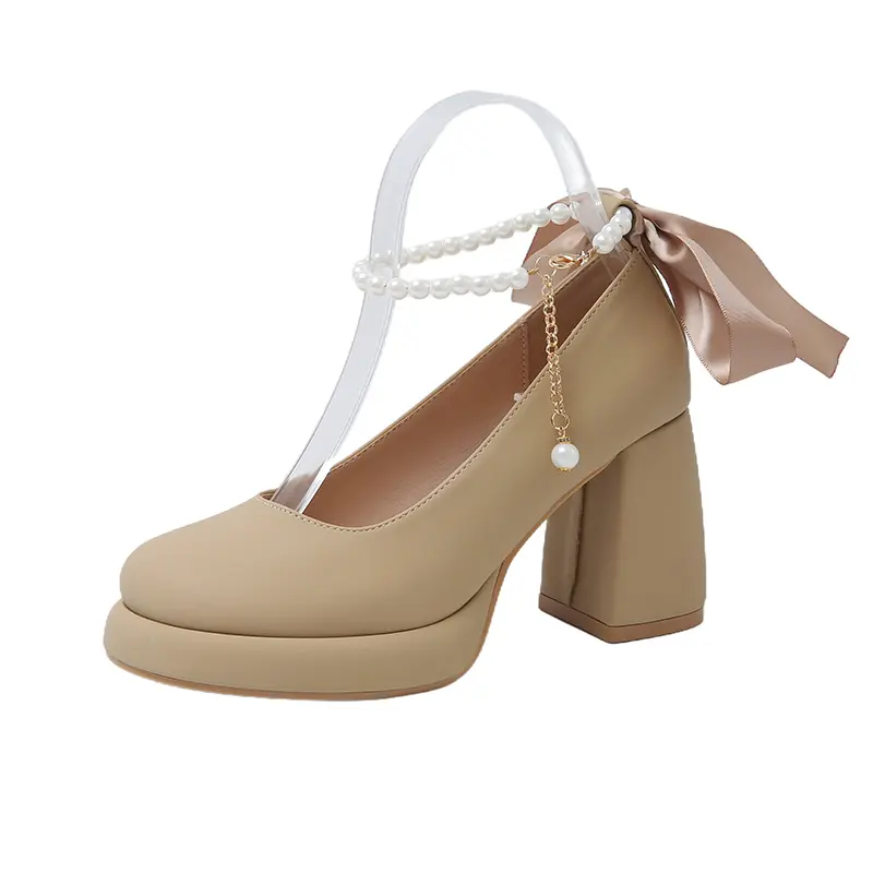 2025 Spring New Women High-heels Princess French Style  Fashion Comfortable Soft Sweet Bowtie Anti-slippery Dress Leather Shoes