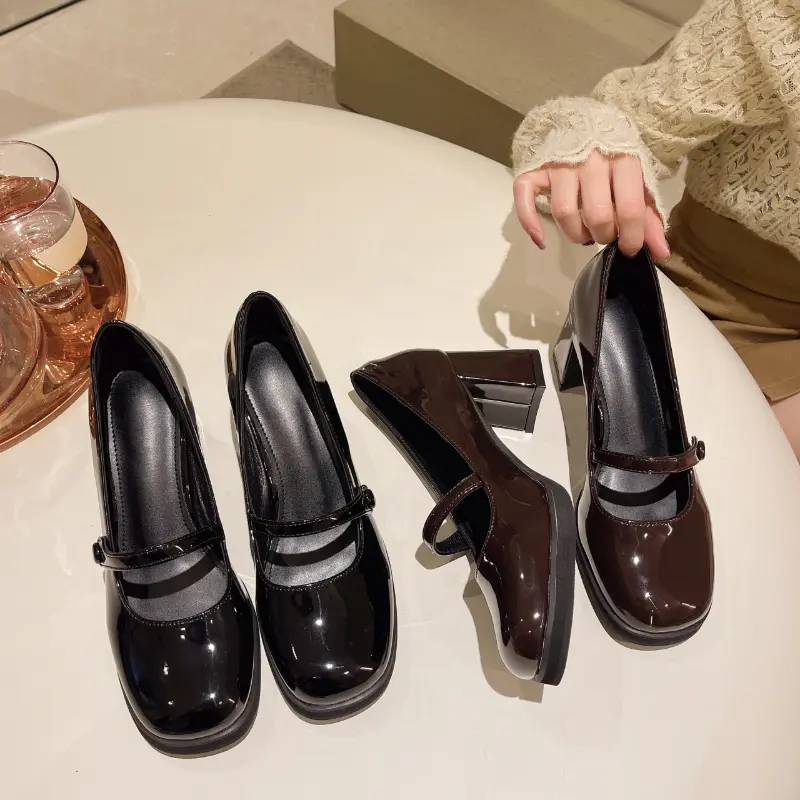 2025 New Women High Heel Shoes Fashion Lolita Style Women's Mary Jane Shoes Glossy Versatile Black Ladies Causal Ladies Loafers