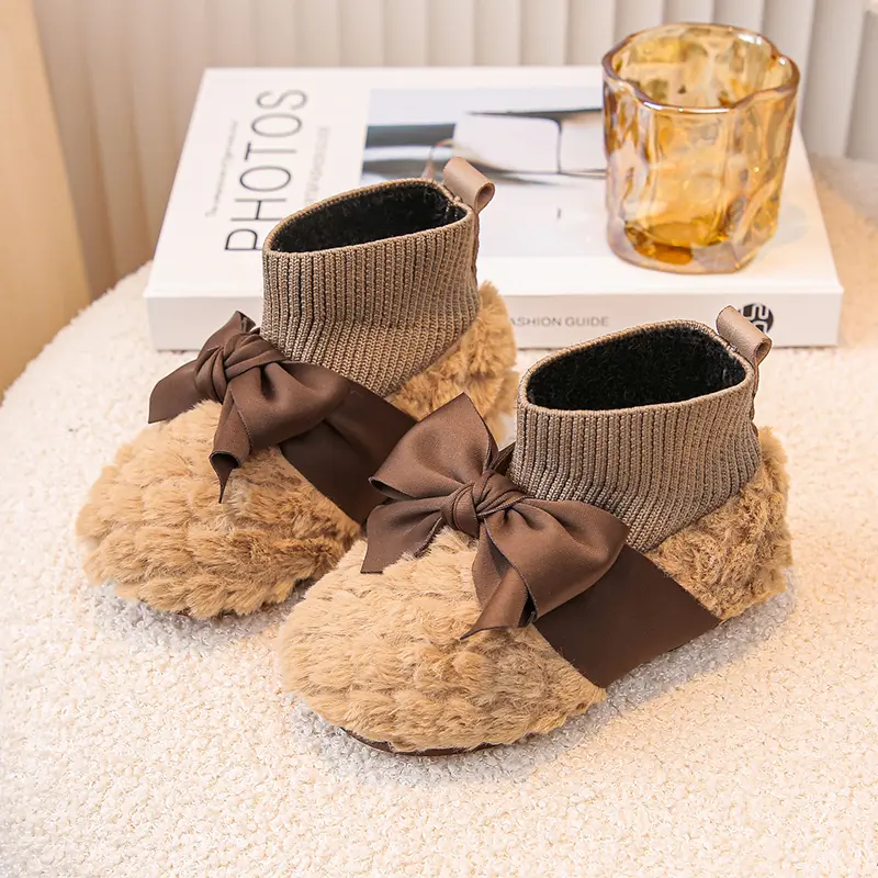 Girls Outdoor Cotton Boots Warm Fluffy Kids' Winter Shoes Fashion Causal Children's Socks Shoes Toddlers Versatile Chic Bowknot
