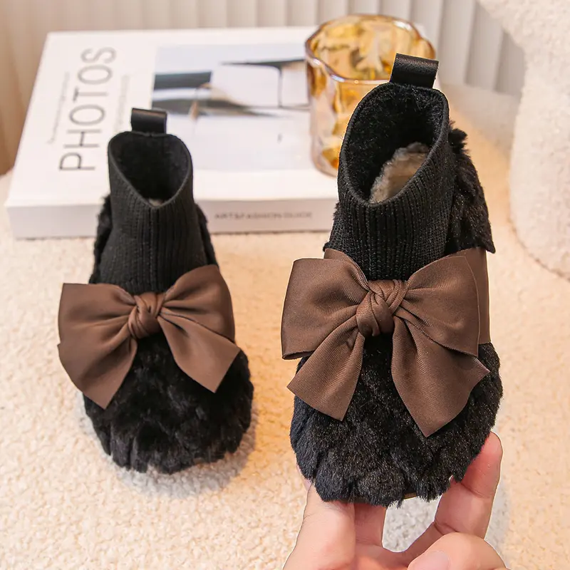 Girls Outdoor Cotton Boots Warm Fluffy Kids' Winter Shoes Fashion Causal Children's Socks Shoes Toddlers Versatile Chic Bowknot
