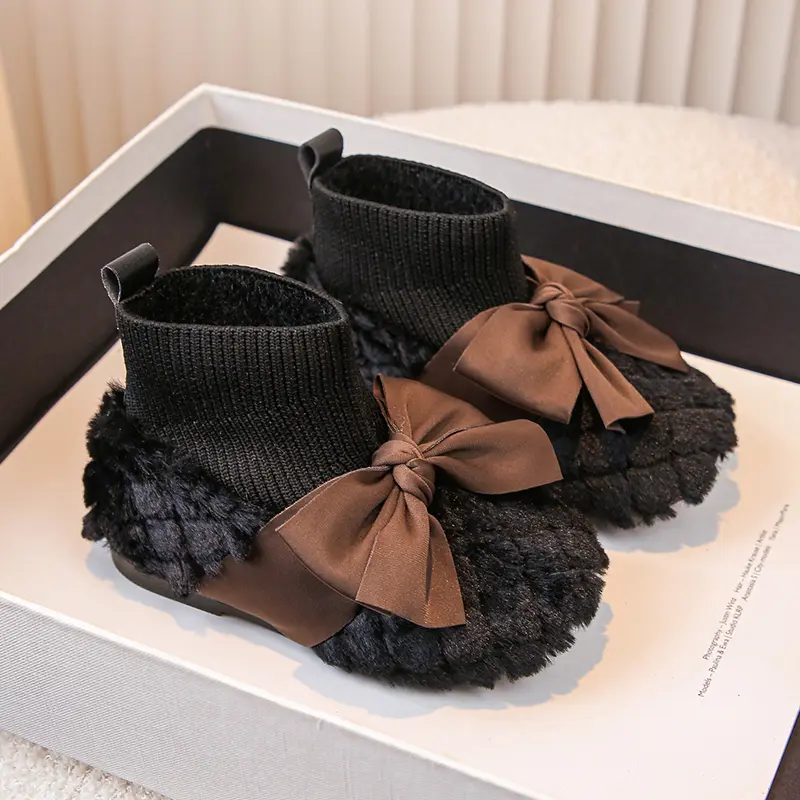 Girls Outdoor Cotton Boots Warm Fluffy Kids' Winter Shoes Fashion Causal Children's Socks Shoes Toddlers Versatile Chic Bowknot